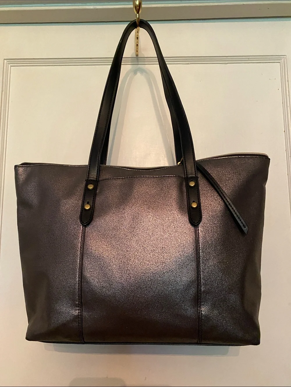 Fossil canvas black metallic tote in good condition